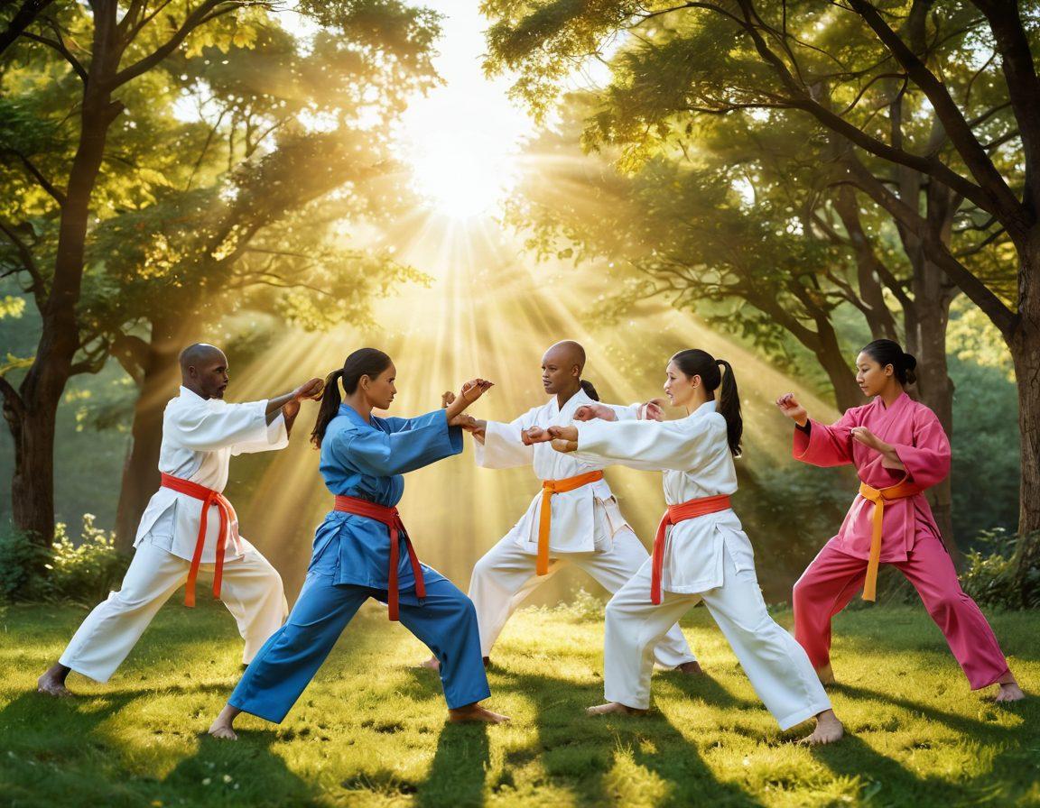 A harmonious scene depicting a diverse group of individuals practicing martial arts in a serene outdoor setting, symbolizing strength and unity. Include elements of health, like fresh fruits and wellness symbols, blending with images of cancer awareness ribbons and research icons. Use a vibrant color palette to convey energy and hope, with rays of sunlight illuminating the scene. super-realistic. vibrant colors. nature background.