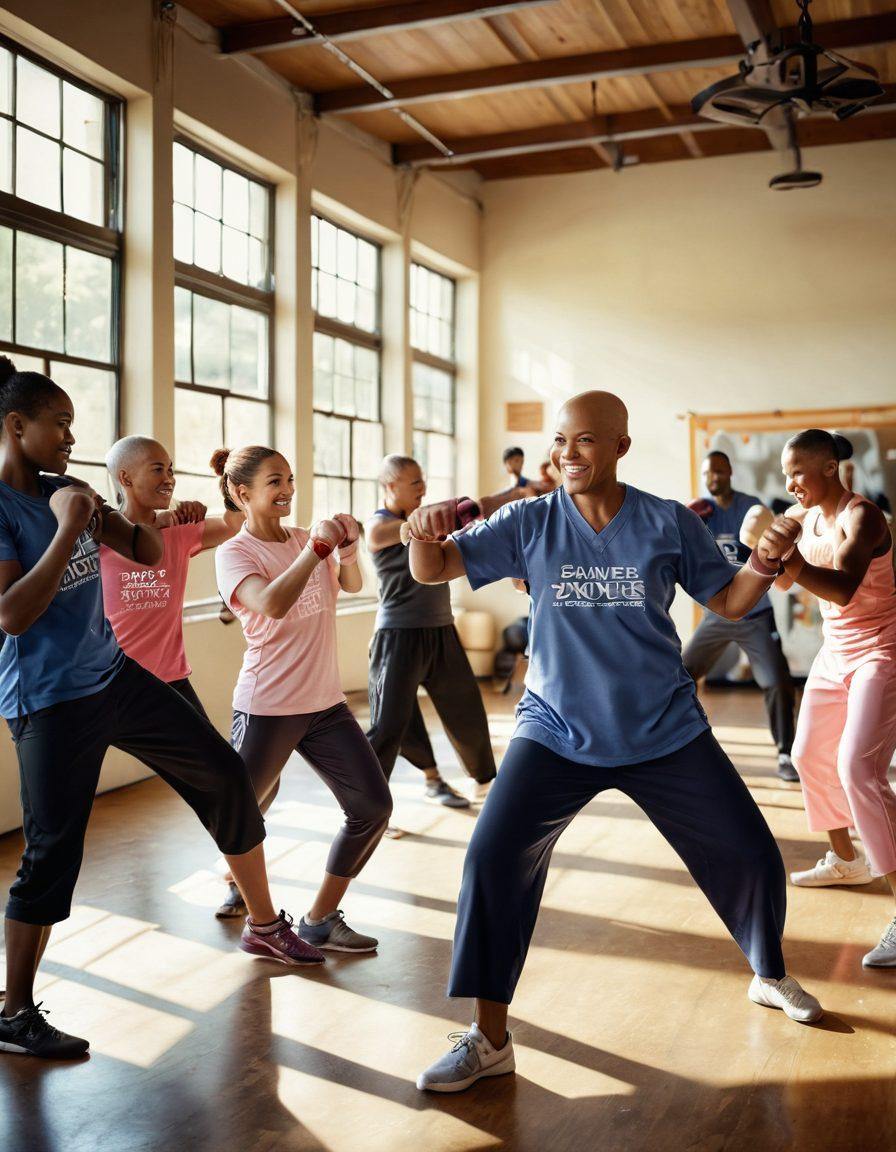 A powerful scene depicting a diverse group of cancer survivors practicing combat sports together in a sunlit gym. Emphasize their strength and camaraderie, showcasing a mix of martial arts, with smiling faces and supportive expressions. Include banners with motivational quotes on the walls and fitness equipment around them. The atmosphere should feel uplifting and community-focused. vibrant colors. super-realistic.