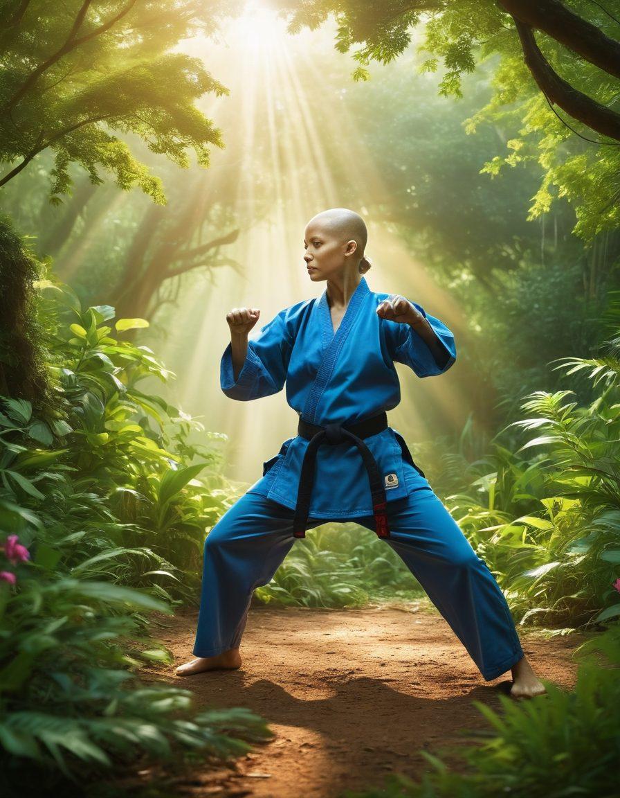 A powerful scene depicting a cancer survivor practicing martial arts, surrounded by lush greenery symbolizing growth and resilience. The backdrop features a blend of research elements like lab equipment and fitness gear to represent the intersection of science and martial arts. The atmosphere radiates determination and hope, with soft sunlight illuminating the scene. Illustrate an aura of strength and healing around the individual. vibrant colors. super-realistic.